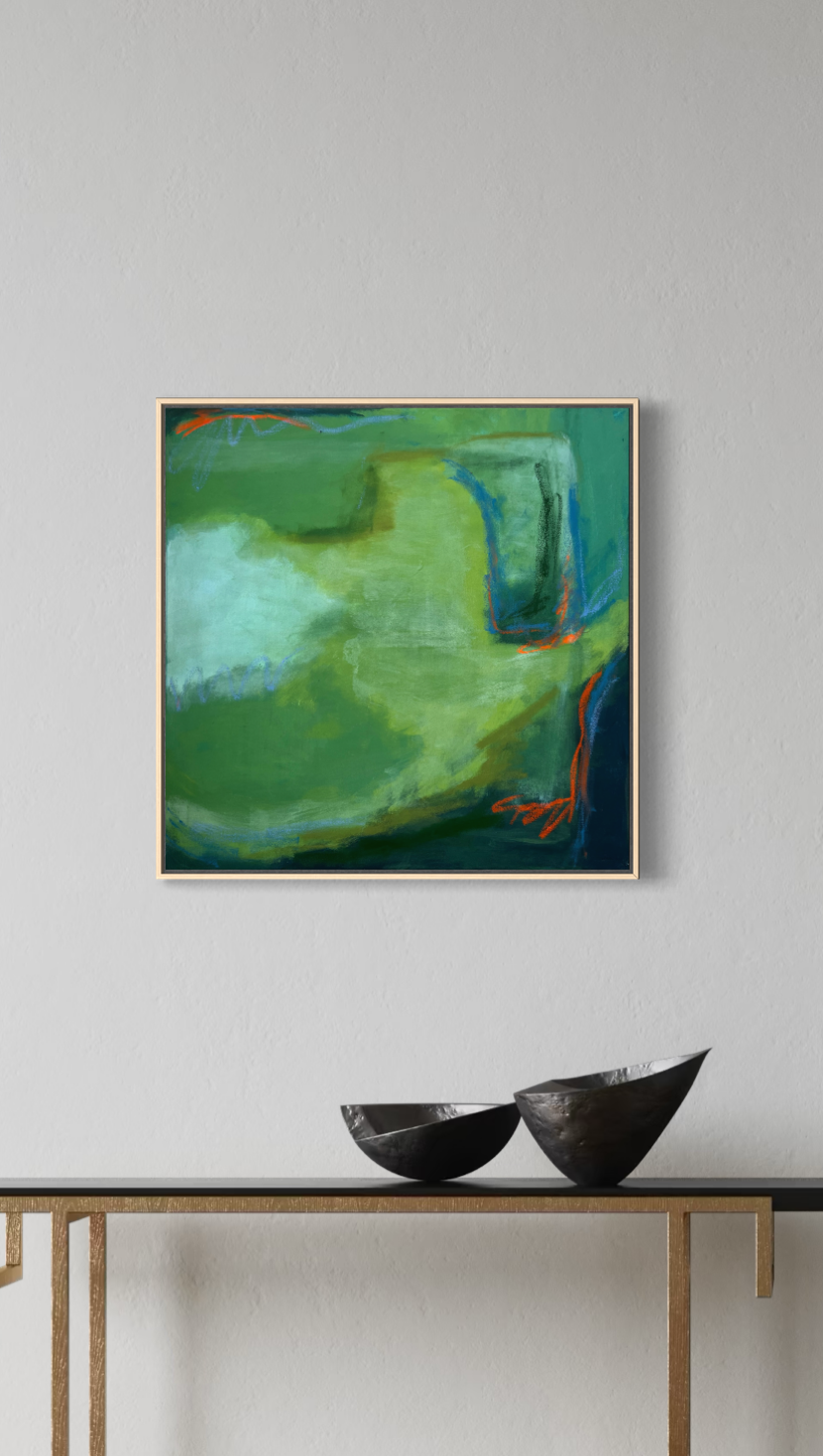 24" x 24" Green Abstract | Acrylic and Oil Stick on Stretched Canvas | "Moss-Covered Rock I"