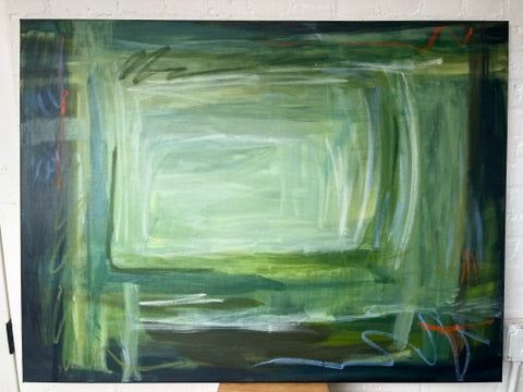 (PENDING SALE) 36" x 48" Acrylic and Oil Stick on Canvas | Green Abstract