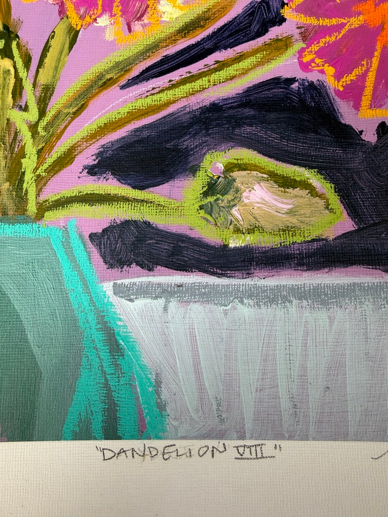 10" x 8" Abstract Dandelion Floral Paintings | Original, Acrylic and Oil Pastel on Paper