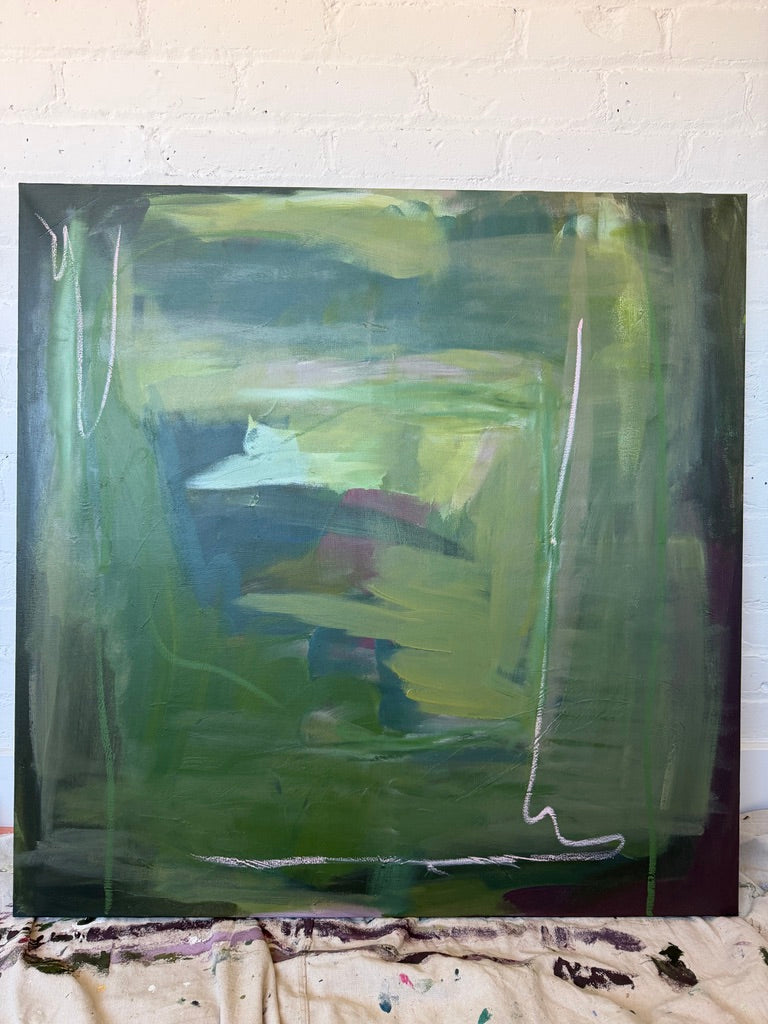 36" x 36" Green Abstract Painting | Acrylic and Oil Stick on Canvas