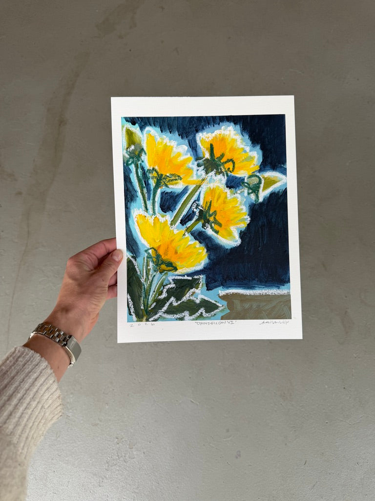 10" x 8" Abstract Dandelion Floral Paintings | Original, Acrylic and Oil Pastel on Paper