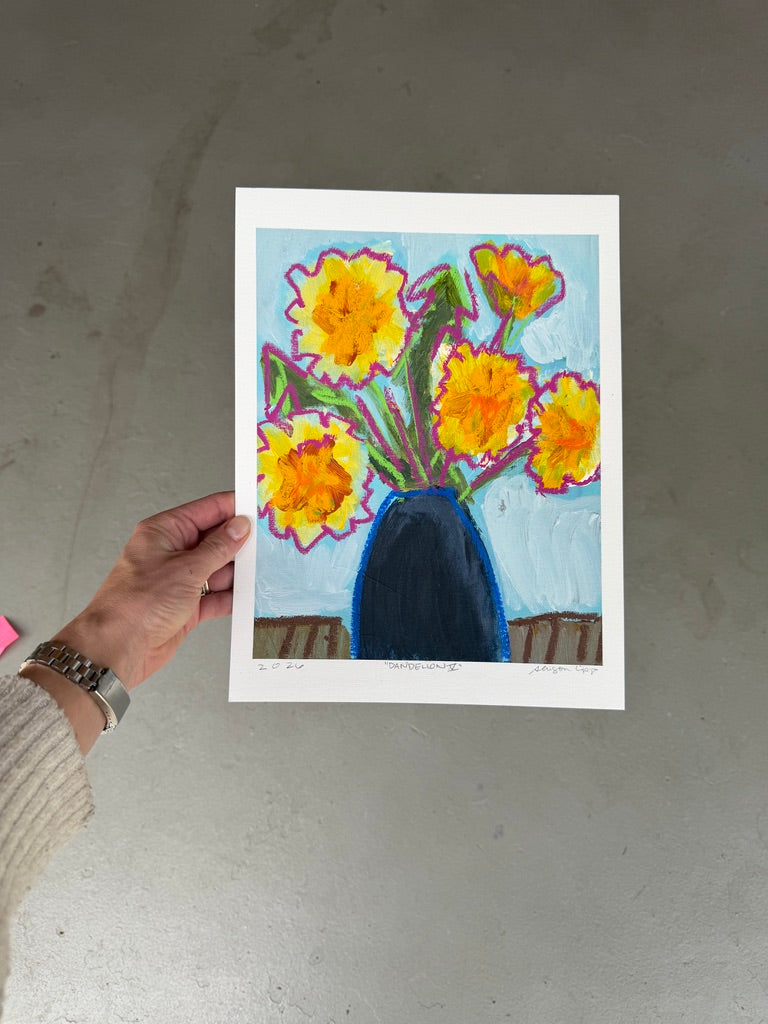 10" x 8" Abstract Dandelion Floral Paintings | Original, Acrylic and Oil Pastel on Paper