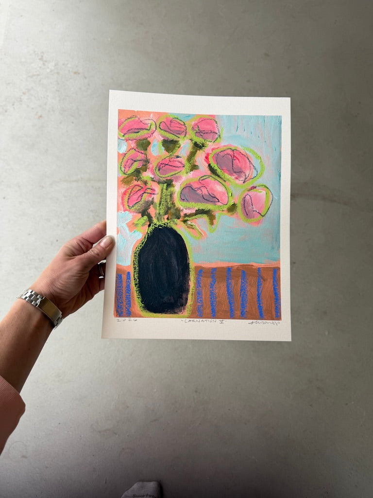 10" x 8" Abstract Carnation Floral Paintings | Original, Acrylic and Oil Pastel on Paper