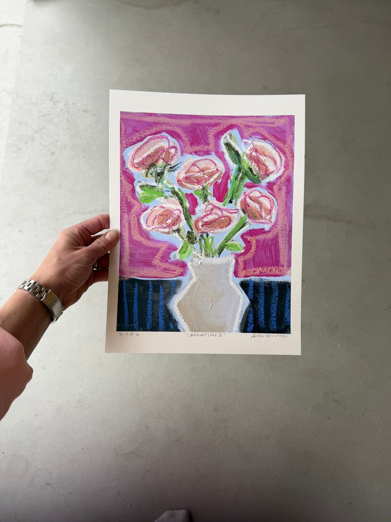 10" x 8" Abstract Carnation Floral Paintings | Original, Acrylic and Oil Pastel on Paper