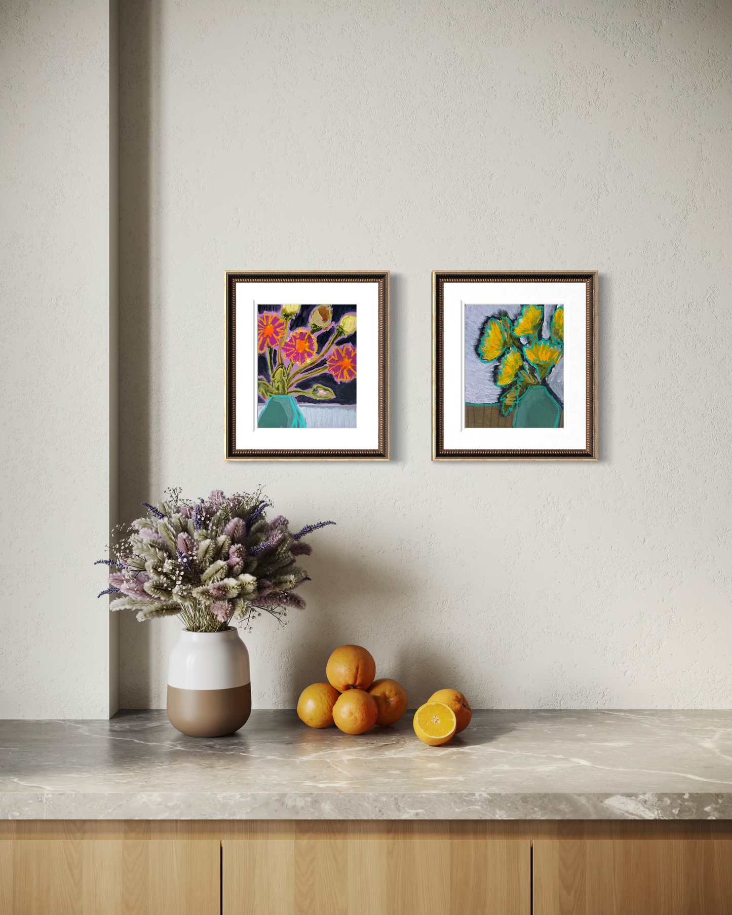 10" x 8" Abstract Dandelion Floral Paintings | Original, Acrylic and Oil Pastel on Paper