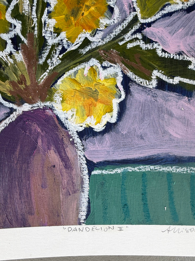 10" x 8" Abstract Dandelion Floral Paintings | Original, Acrylic and Oil Pastel on Paper