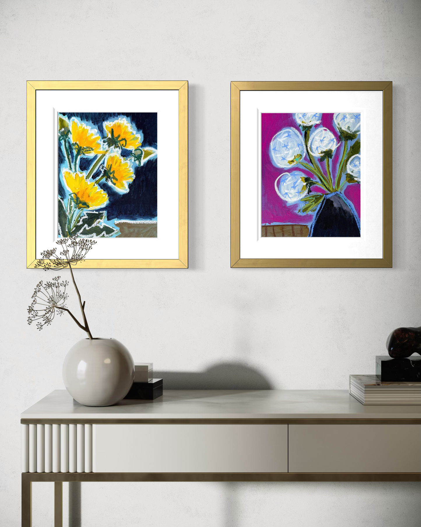 10" x 8" Abstract Dandelion Floral Paintings | Original, Acrylic and Oil Pastel on Paper
