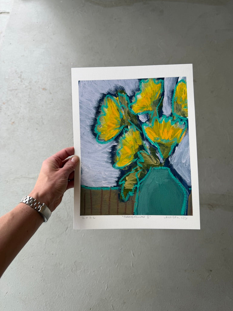 10" x 8" Abstract Dandelion Floral Paintings | Original, Acrylic and Oil Pastel on Paper
