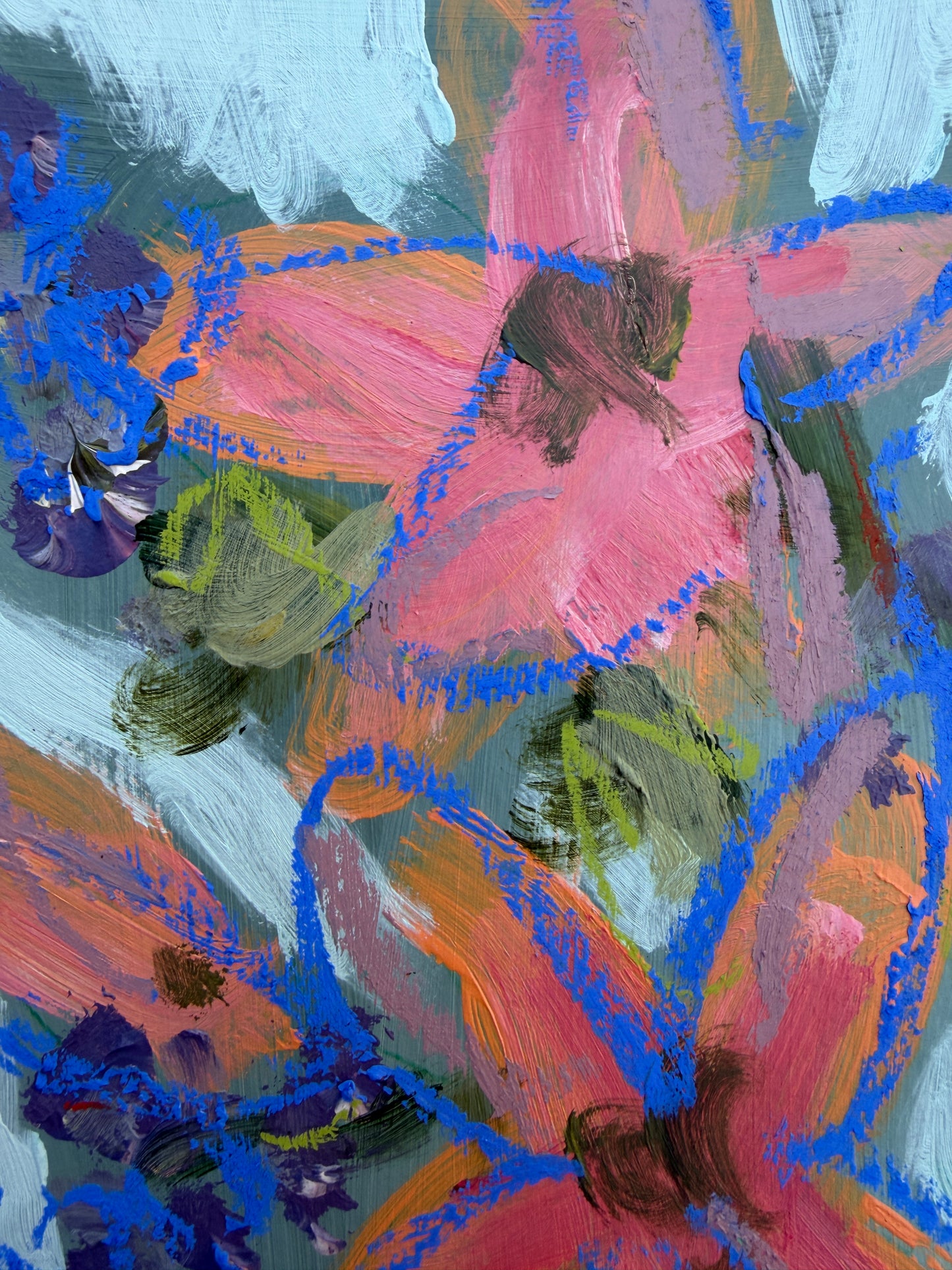 12" x 9" Abstract Floral: Acrylic and Oil Pastel on Paper