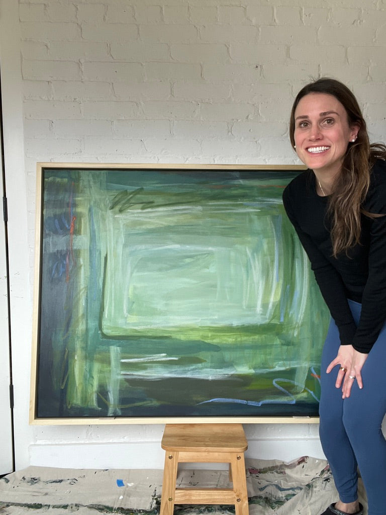 (PENDING SALE) 36" x 48" Acrylic and Oil Stick on Canvas | Green Abstract