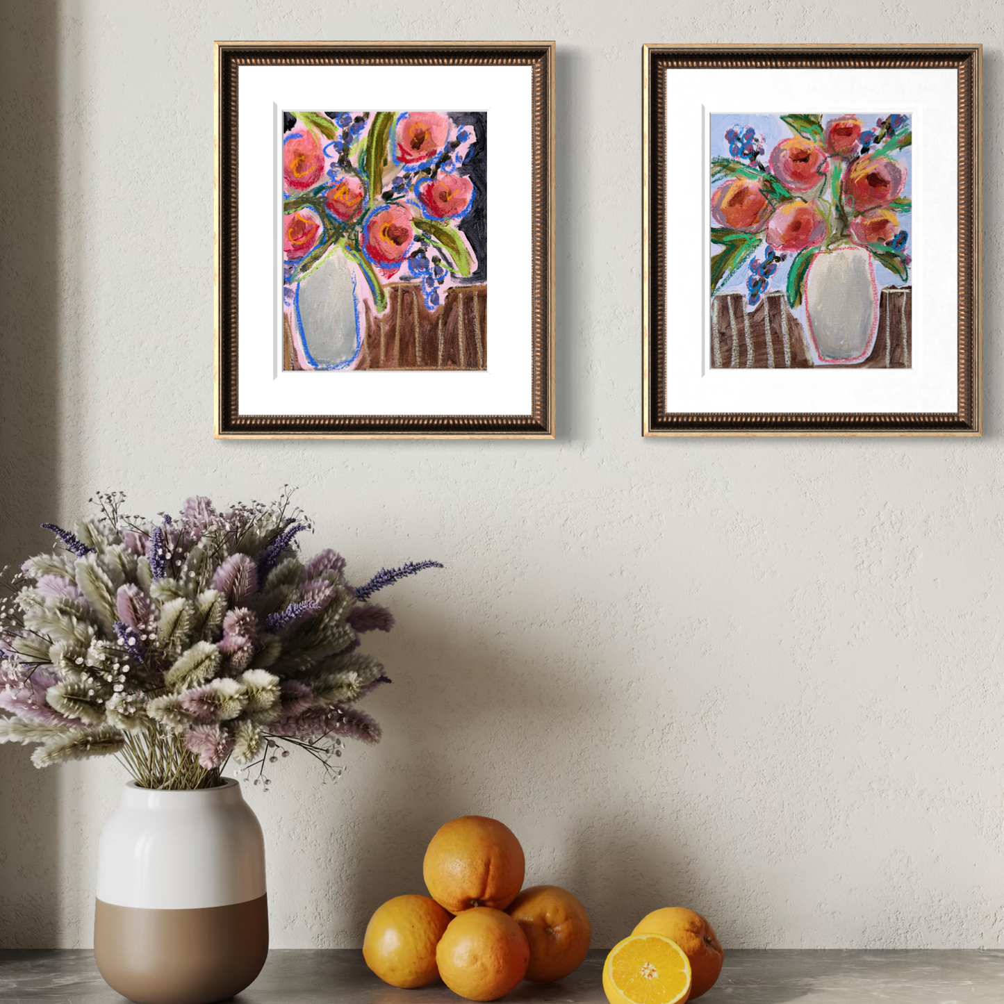 10" x 8" Abstract Floral Bouquet Paintings | Original, Acrylic and Oil Pastel on Paper