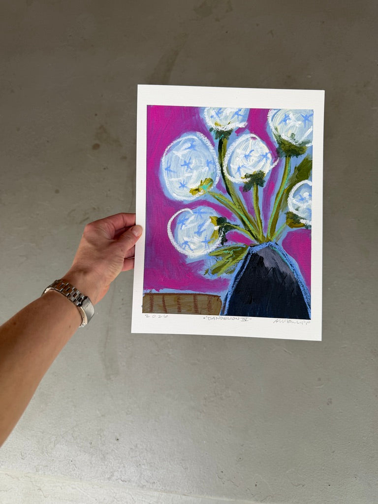 10" x 8" Abstract Dandelion Floral Paintings | Original, Acrylic and Oil Pastel on Paper