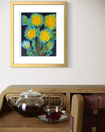 10" x 8" Abstract Dandelion Floral Paintings | Original, Acrylic and Oil Pastel on Paper