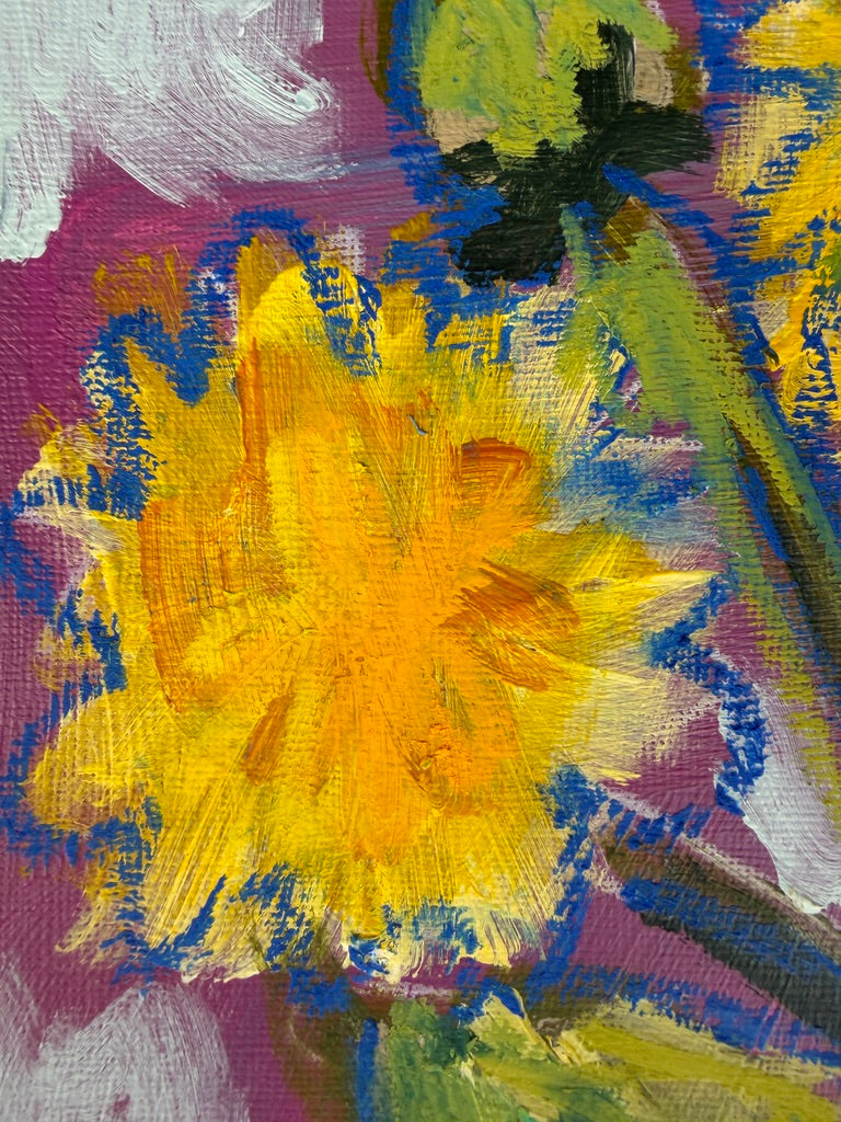 10" x 8" Abstract Dandelion Floral Paintings | Original, Acrylic and Oil Pastel on Paper
