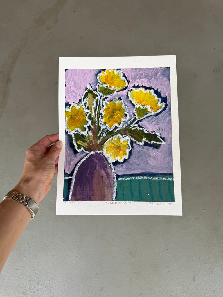 10" x 8" Abstract Dandelion Floral Paintings | Original, Acrylic and Oil Pastel on Paper