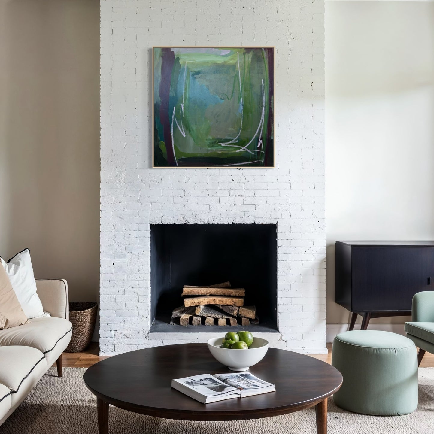 36" x 36" Green Abstract Painting | Acrylic and Oil Stick on Canvas
