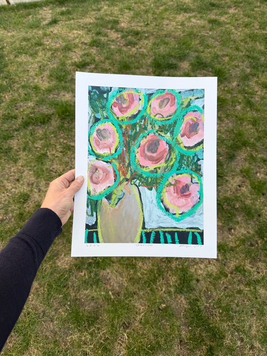 12" x 9" Abstract Floral: Acrylic and Oil Pastel on Paper