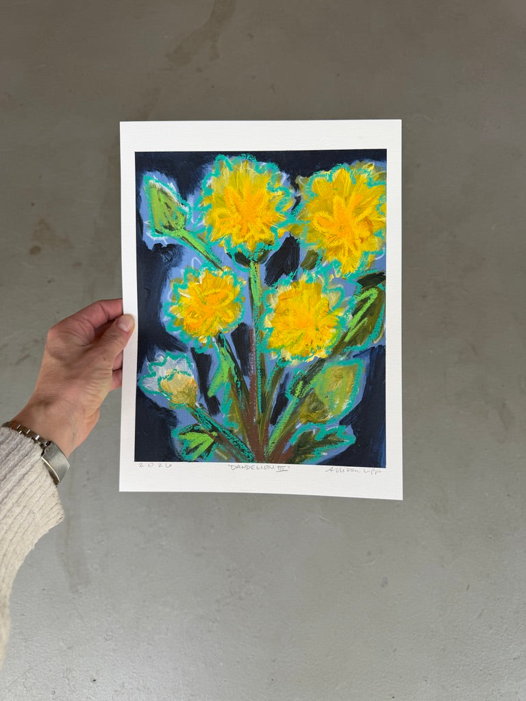 10" x 8" Abstract Dandelion Floral Paintings | Original, Acrylic and Oil Pastel on Paper