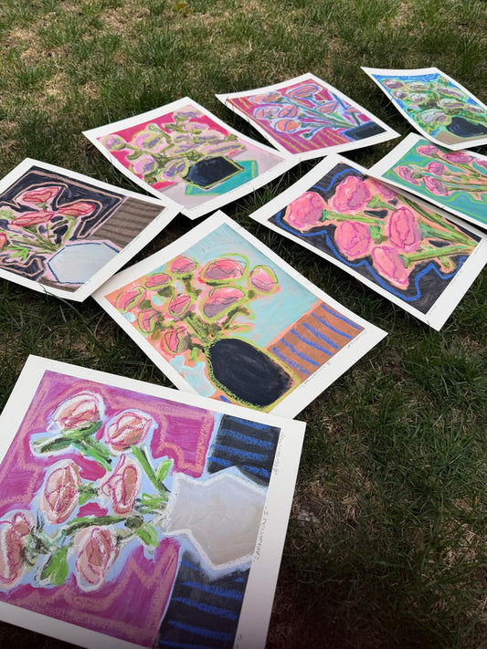 10" x 8" Abstract Carnation Floral Paintings | Original, Acrylic and Oil Pastel on Paper