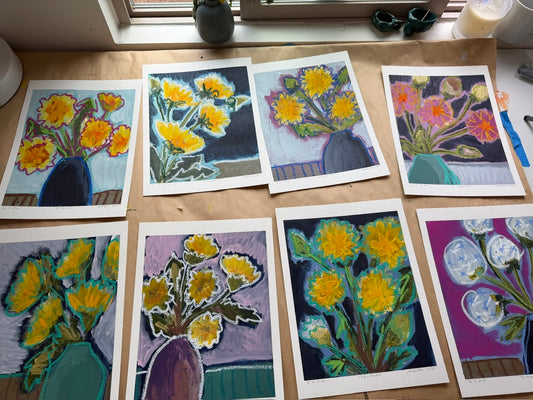 10" x 8" Abstract Dandelion Floral Paintings | Original, Acrylic and Oil Pastel on Paper