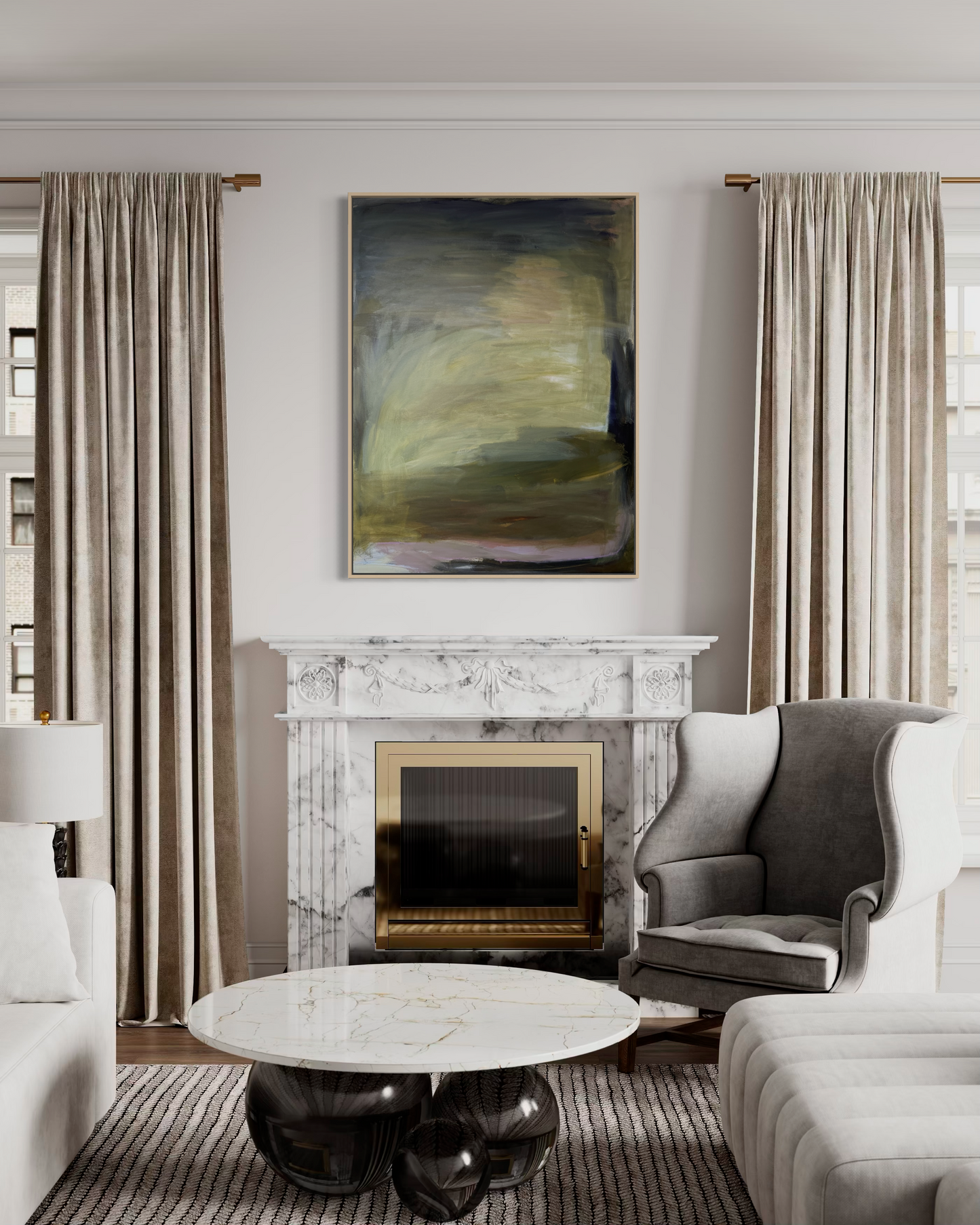 48" x 36" Abstract Landscape | Acrylic and oil stick on canvas | "Foggy Day in Spring, II"