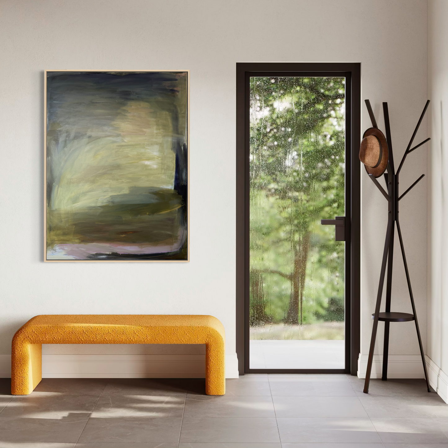 48" x 36" Abstract Landscape | Acrylic and oil stick on canvas | "Foggy Day in Spring, II"