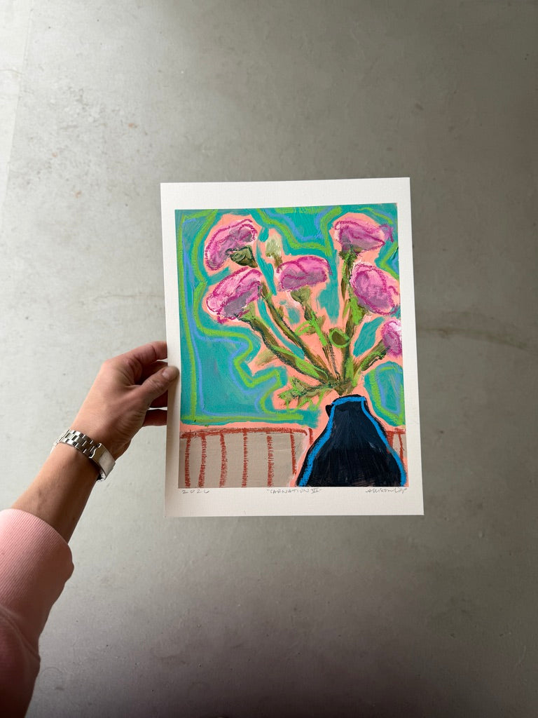 10" x 8" Abstract Carnation Floral Paintings | Original, Acrylic and Oil Pastel on Paper