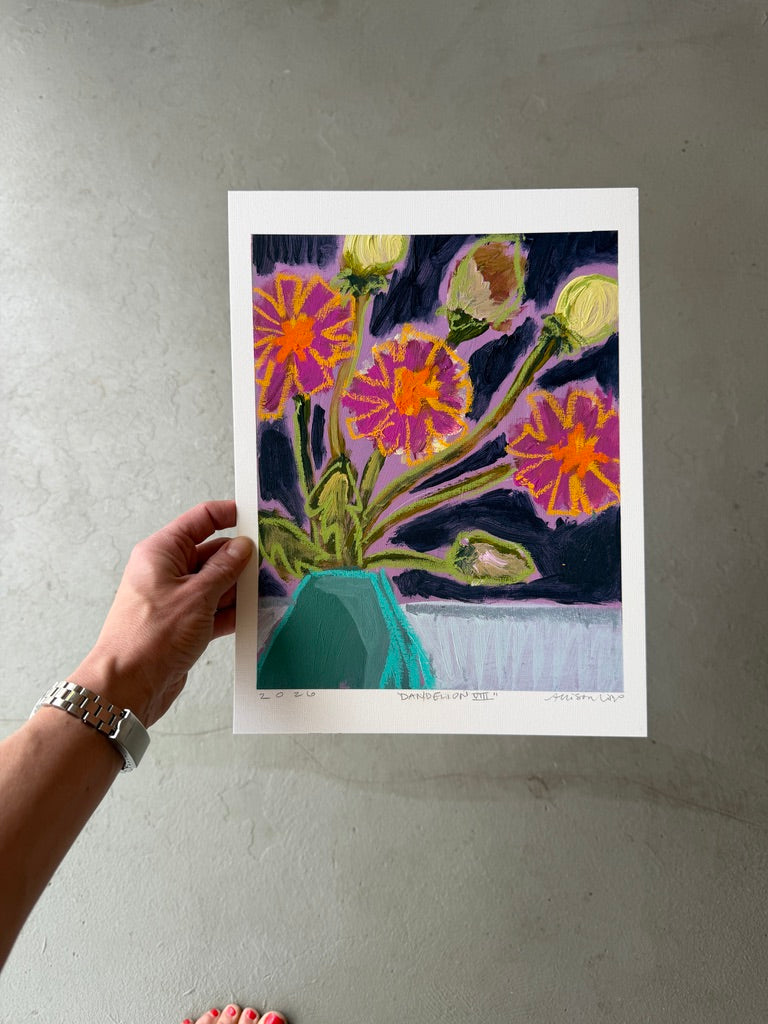 10" x 8" Abstract Dandelion Floral Paintings | Original, Acrylic and Oil Pastel on Paper