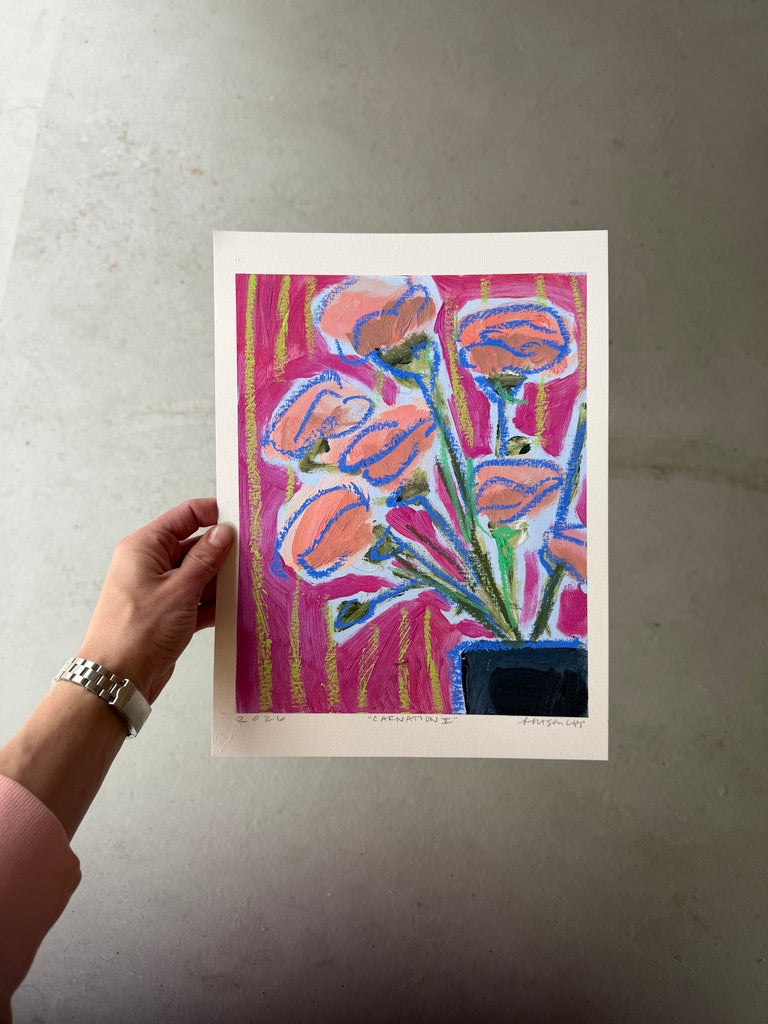 10" x 8" Abstract Carnation Floral Paintings | Original, Acrylic and Oil Pastel on Paper