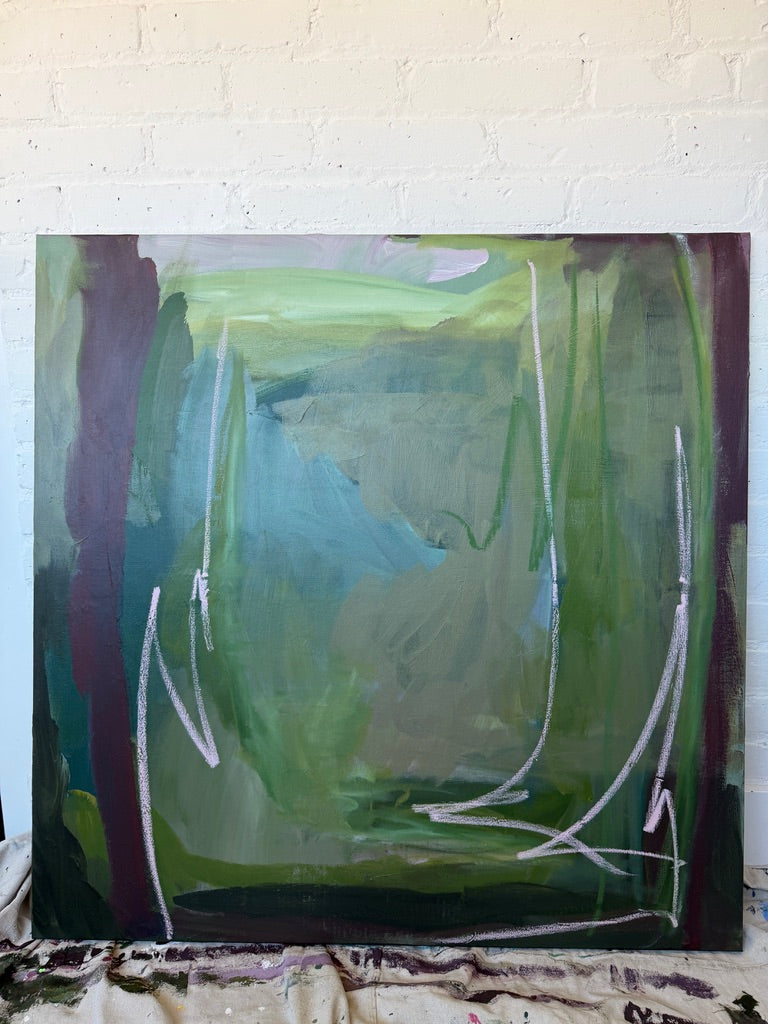 36" x 36" Green Abstract Painting | Acrylic and Oil Stick on Canvas