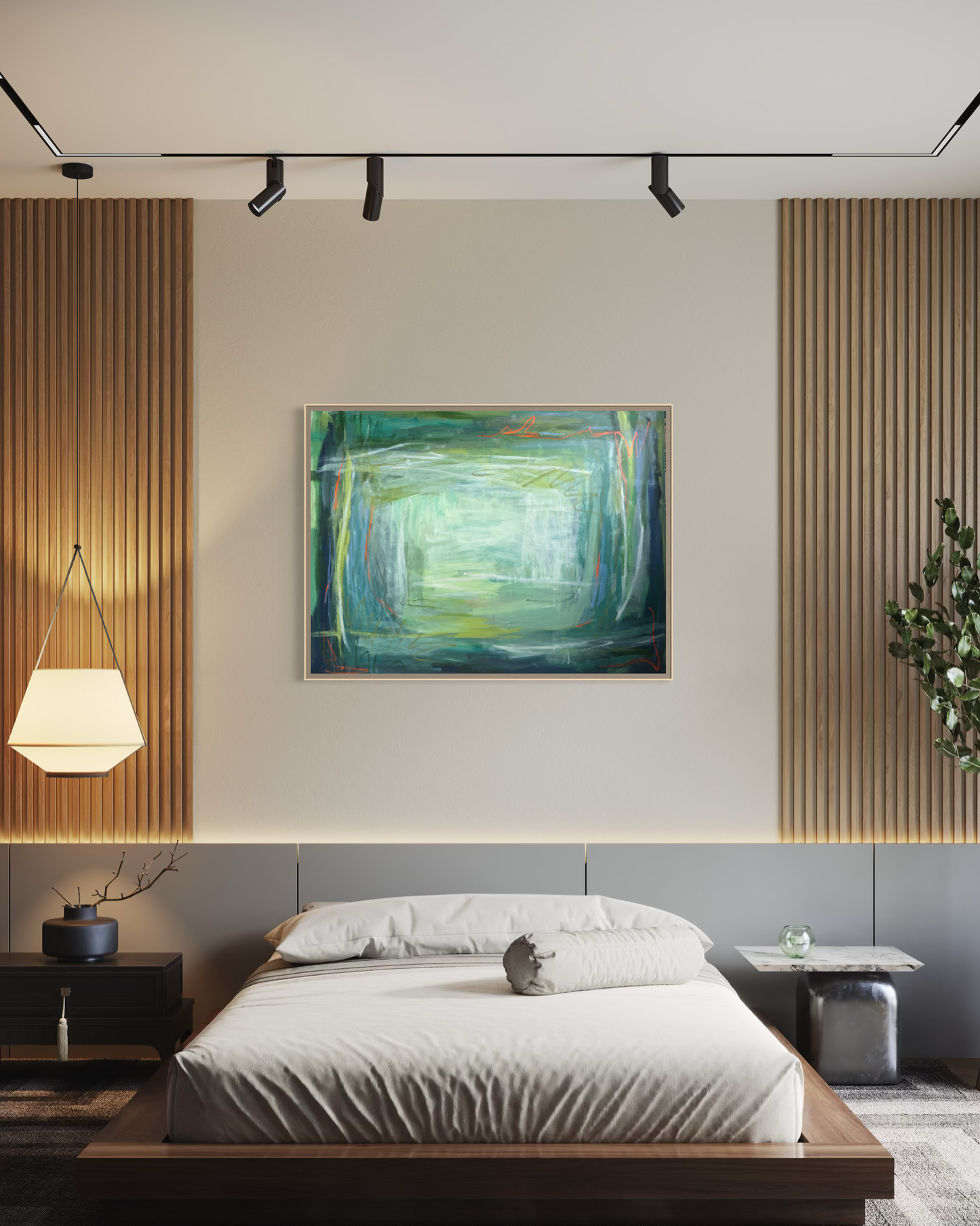 36" x 48" Acrylic and Oil Stick Green Abstract