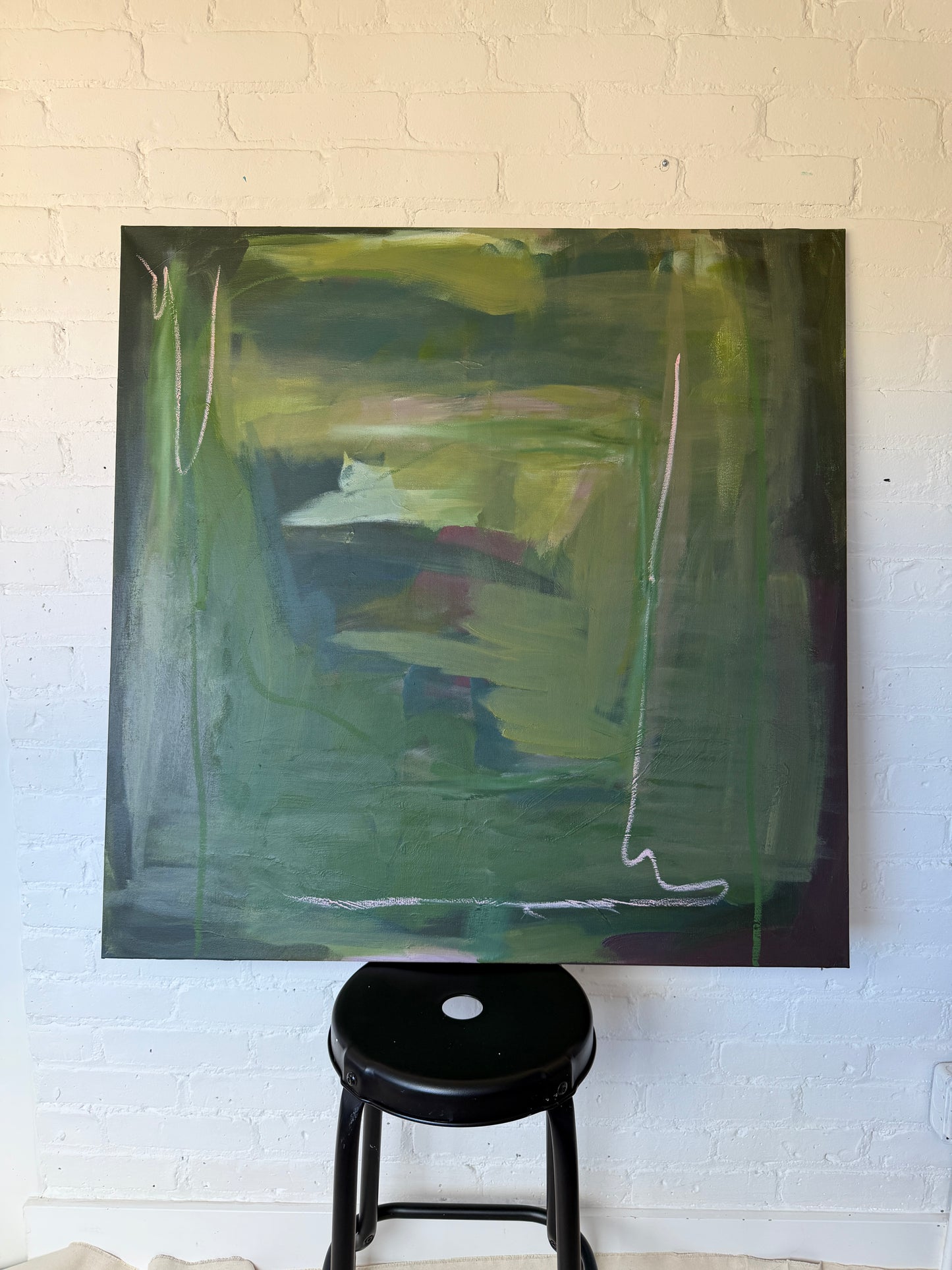 36" x 36" Green Abstract Painting | Acrylic and Oil Stick on Canvas