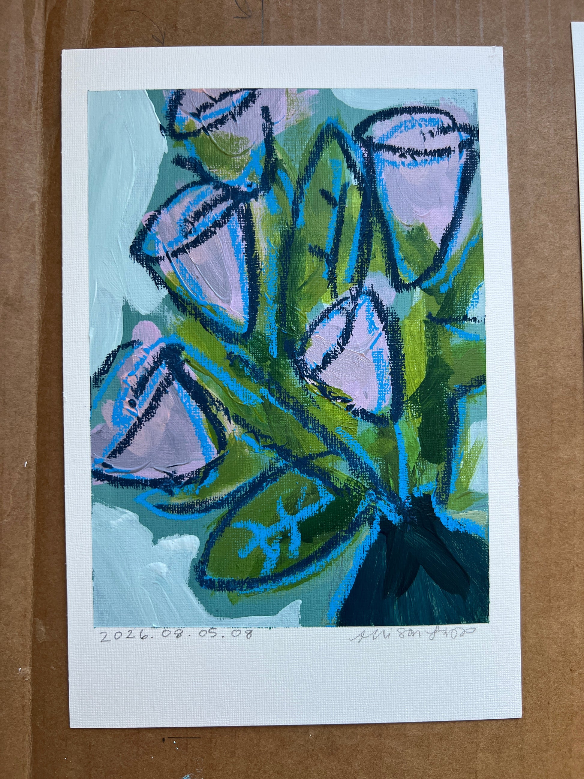 Painting of roses on a white background in a blue vase
