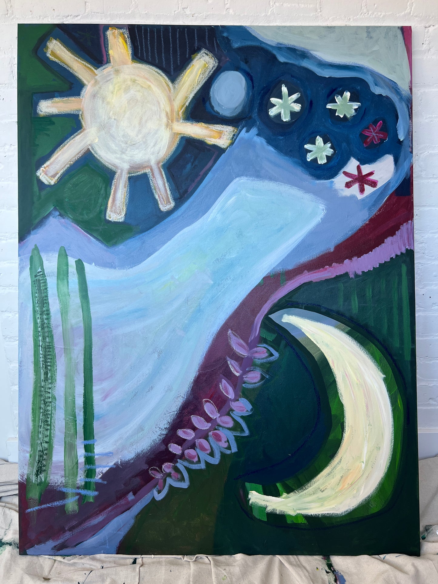 48 x 36 "Hug from the sky" | Acrylic and Oil Pastel on Canvas