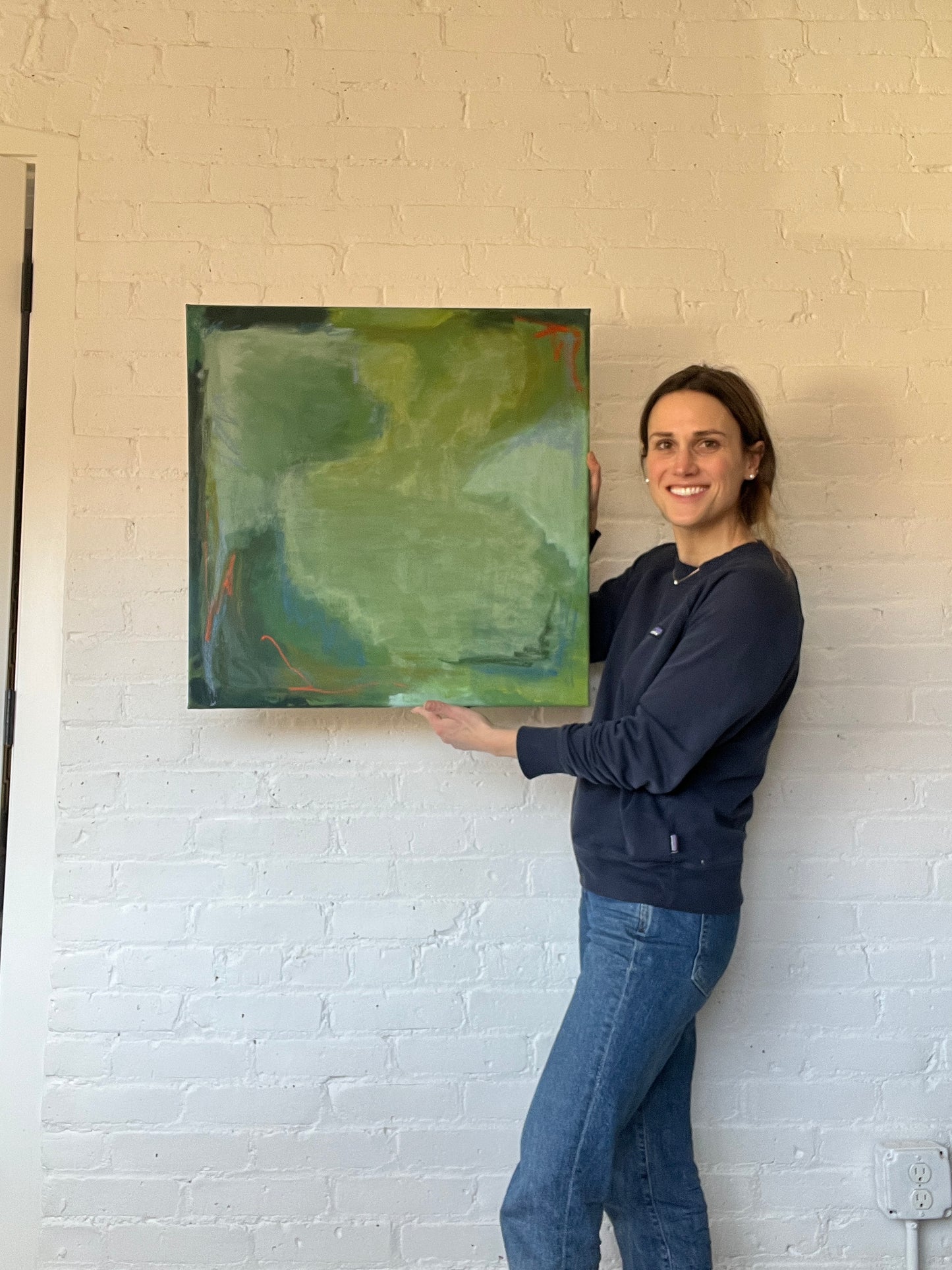 24" x 24" Green Abstract | Acrylic and Oil Stick on Stretched Canvas | "Moss-Covered Rock I"