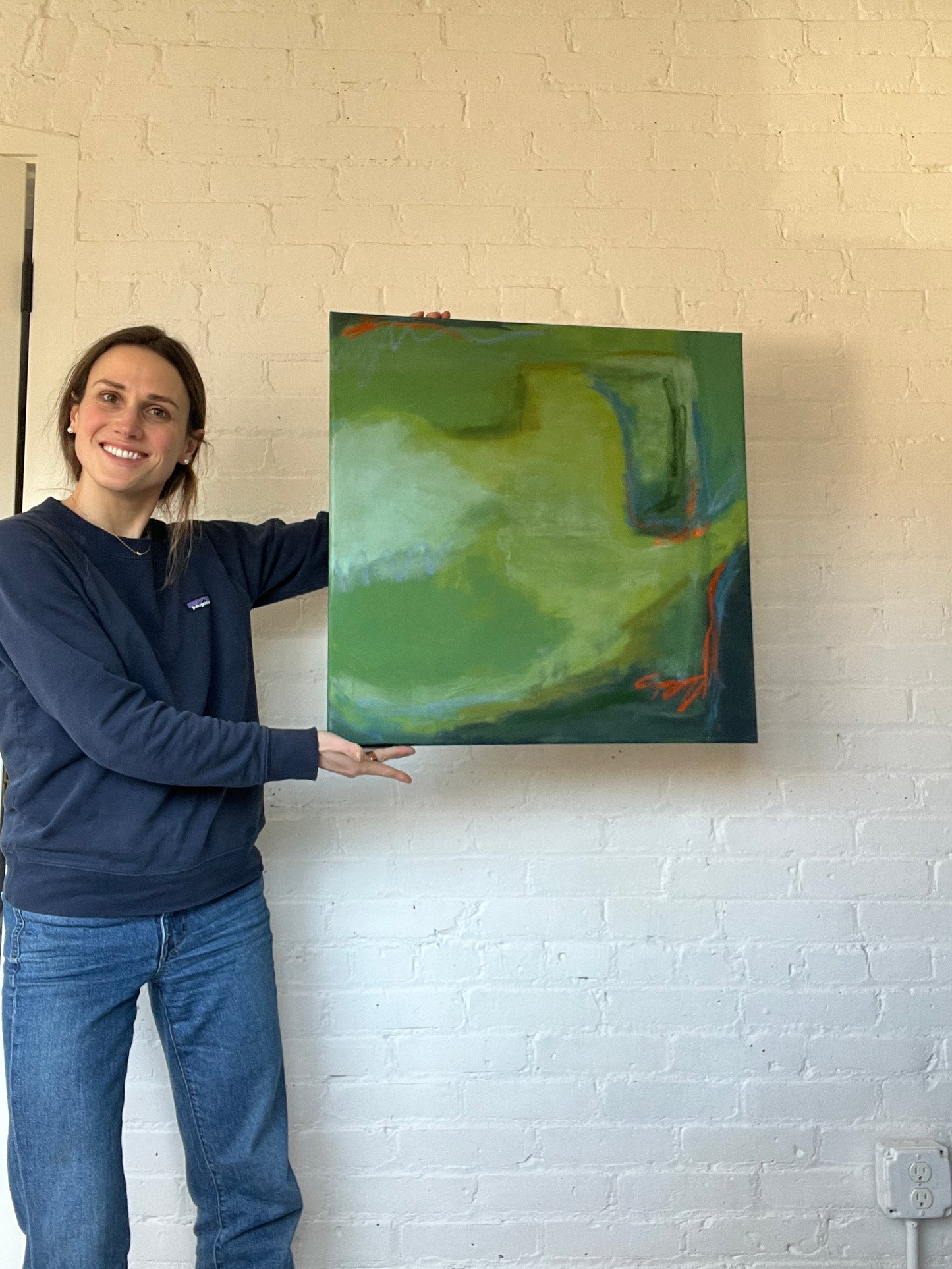 24" x 24" Green Abstract | Acrylic and Oil Stick on Stretched Canvas | "Moss-Covered Rock II"