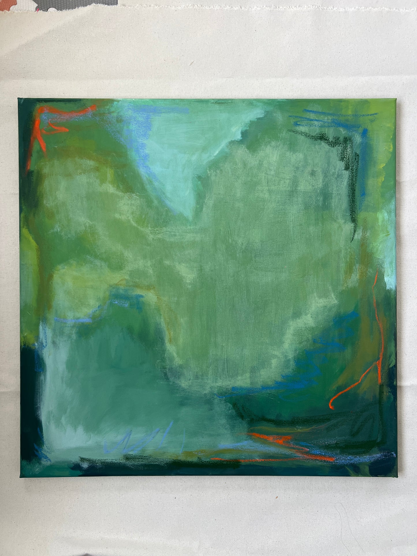 24" x 24" Green Abstract | Acrylic and Oil Stick on Stretched Canvas | "Moss-Covered Rock I"