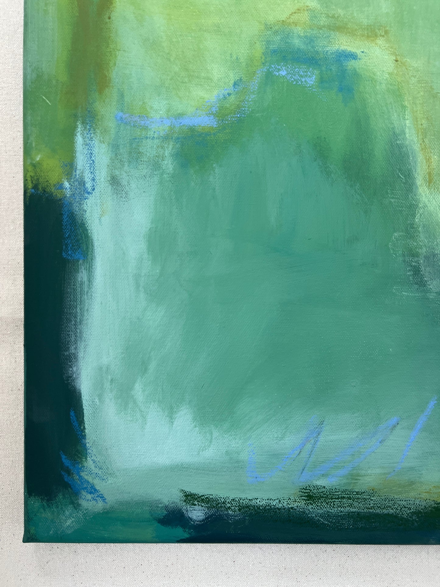 24" x 24" Green Abstract | Acrylic and Oil Stick on Stretched Canvas | "Moss-Covered Rock I"