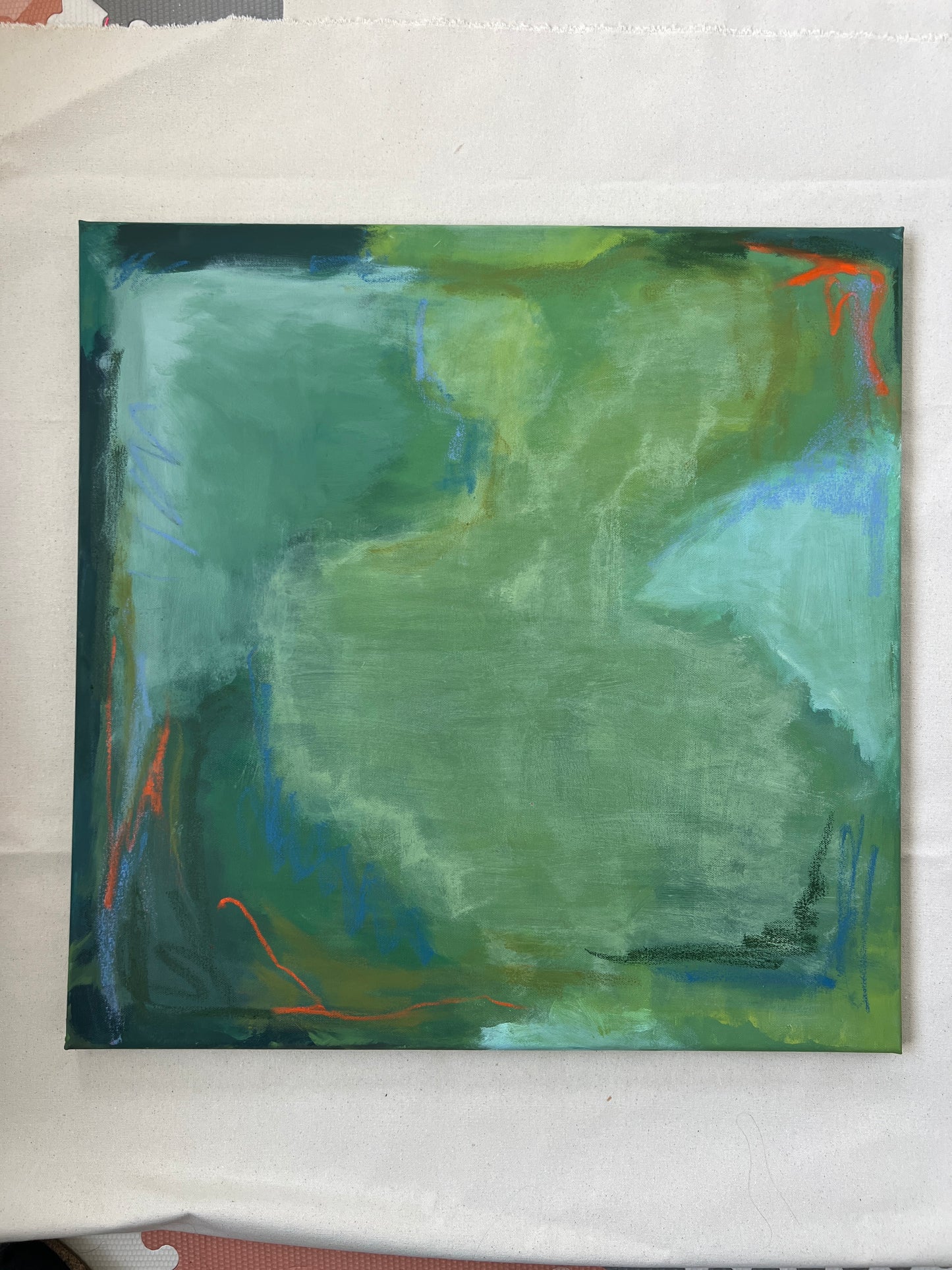 24" x 24" Green Abstract | Acrylic and Oil Stick on Stretched Canvas | "Moss-Covered Rock I"