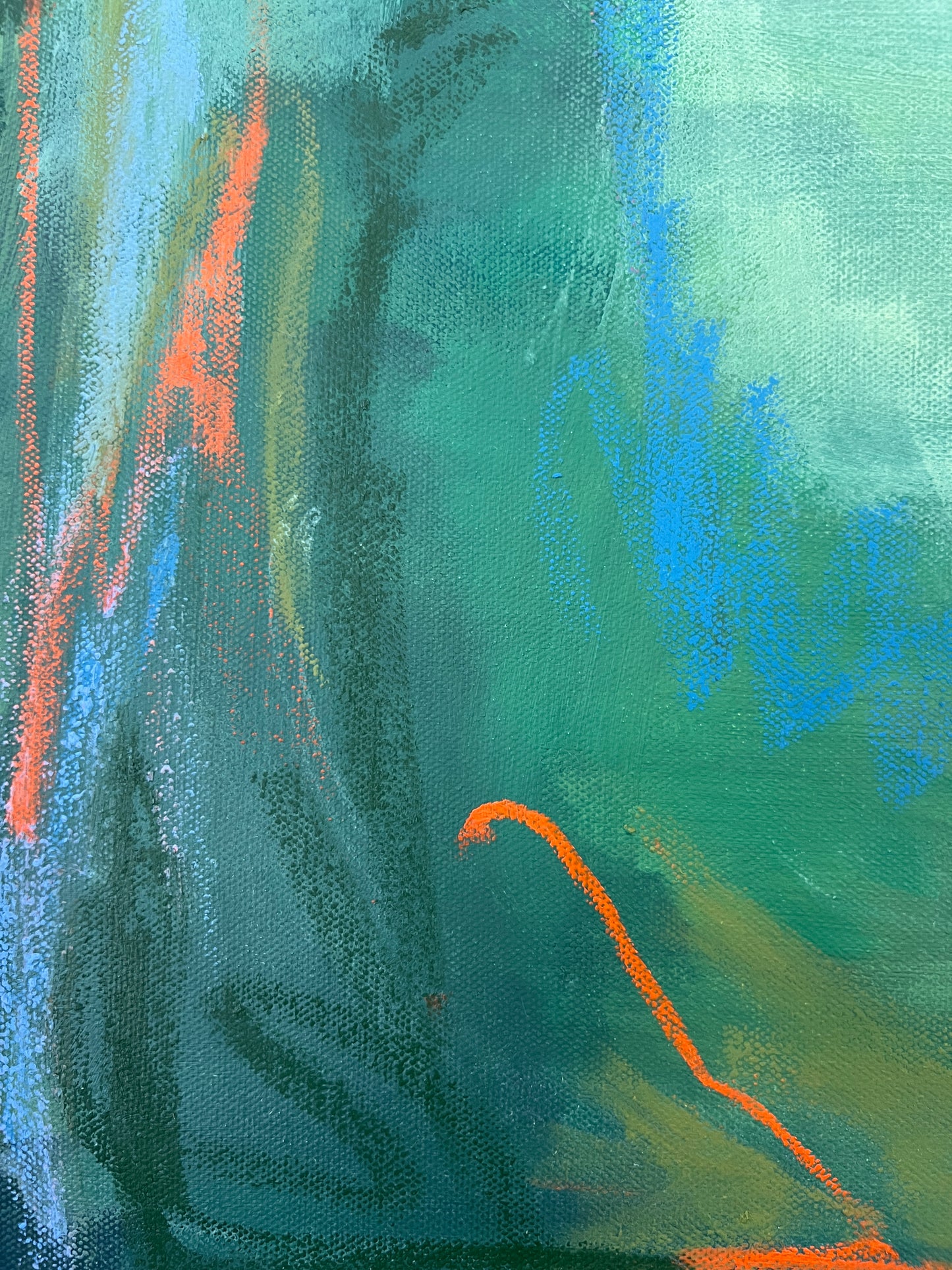 24" x 24" Green Abstract | Acrylic and Oil Stick on Stretched Canvas | "Moss-Covered Rock I"