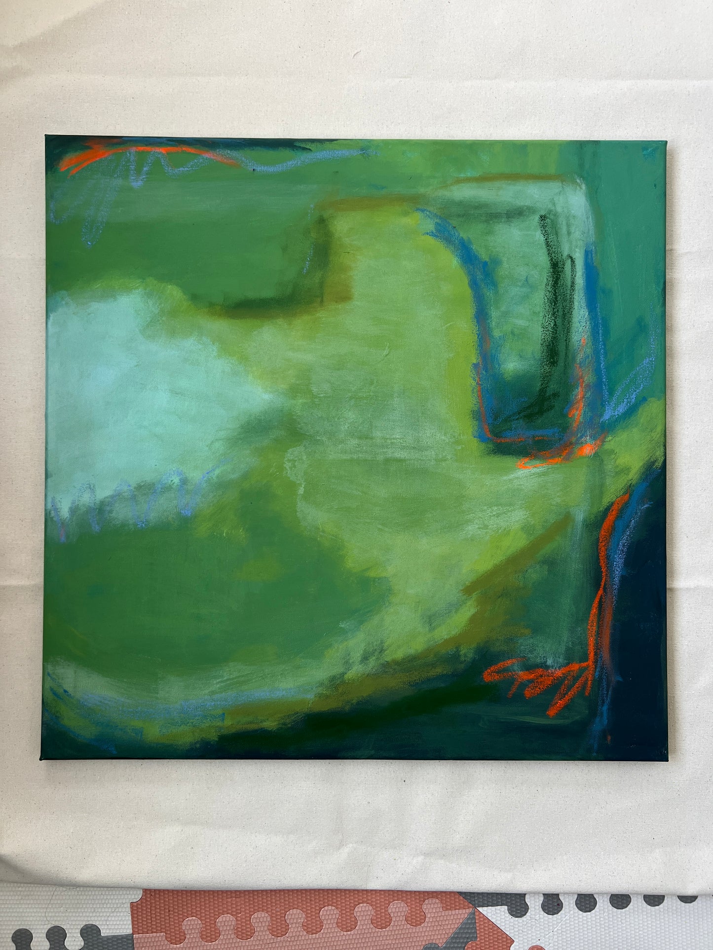 24" x 24" Green Abstract | Acrylic and Oil Stick on Stretched Canvas | "Moss-Covered Rock II"