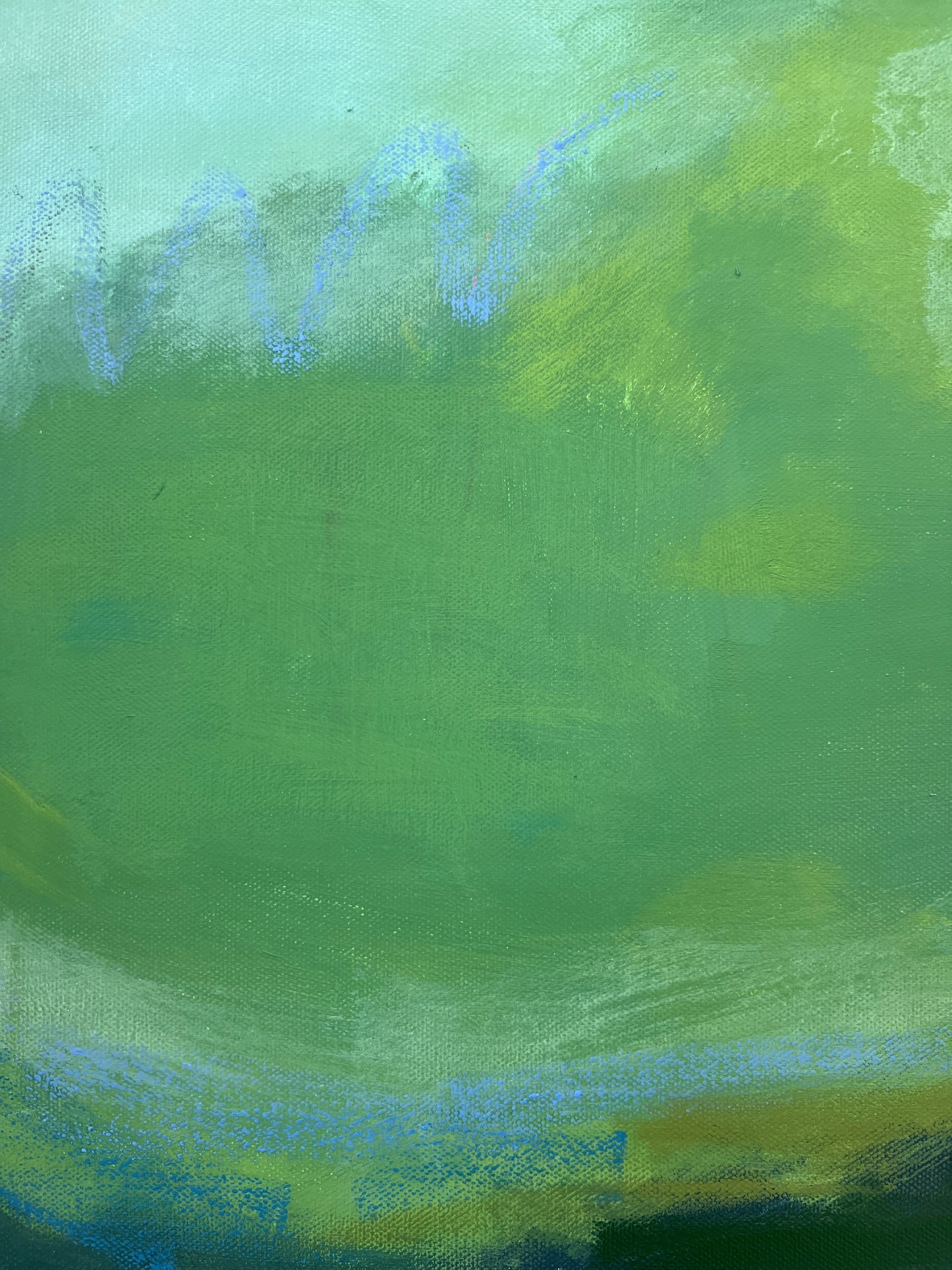 24" x 24" Green Abstract | Acrylic and Oil Stick on Stretched Canvas | "Moss-Covered Rock II"