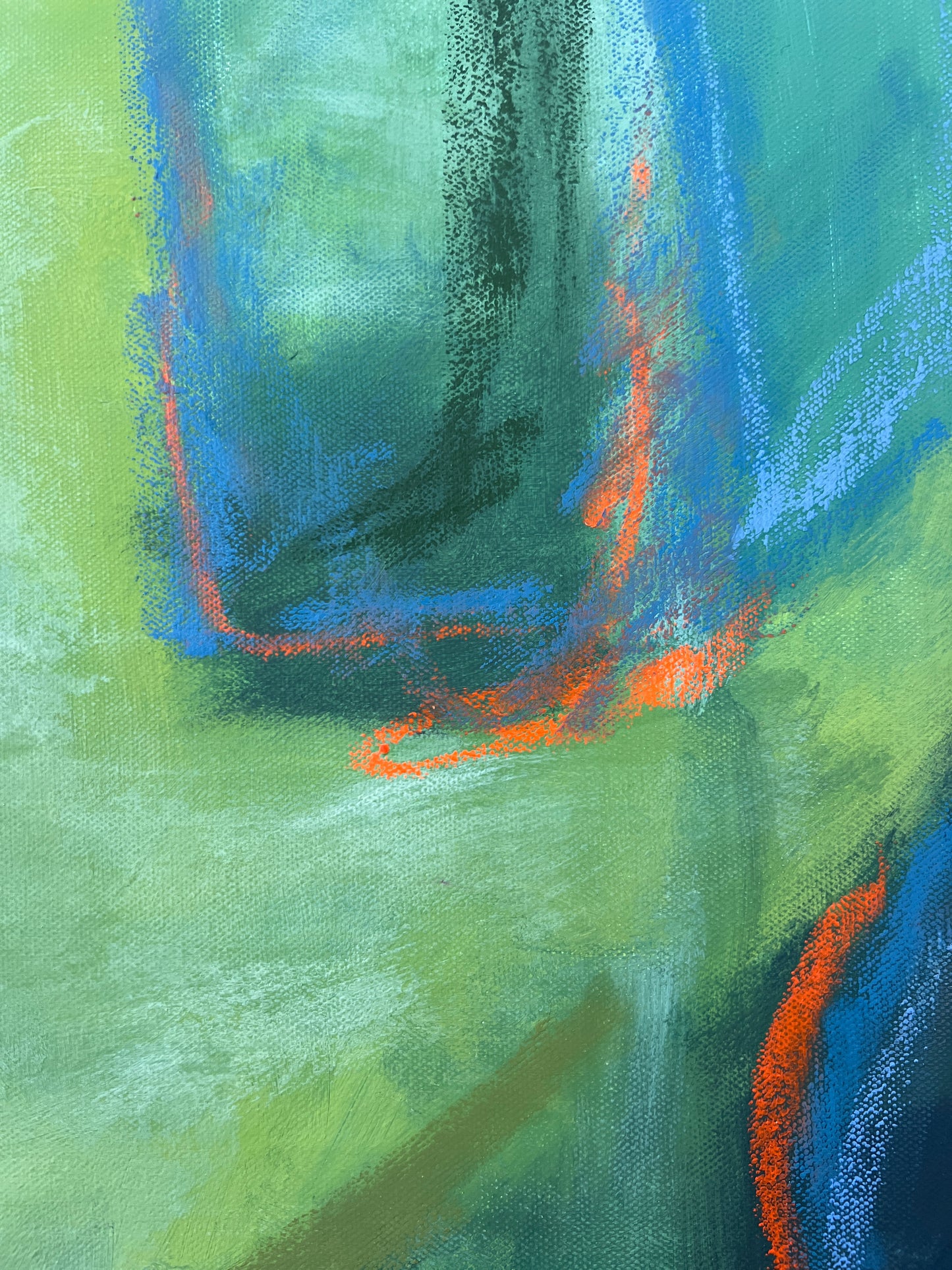 24" x 24" Green Abstract | Acrylic and Oil Stick on Stretched Canvas | "Moss-Covered Rock II"