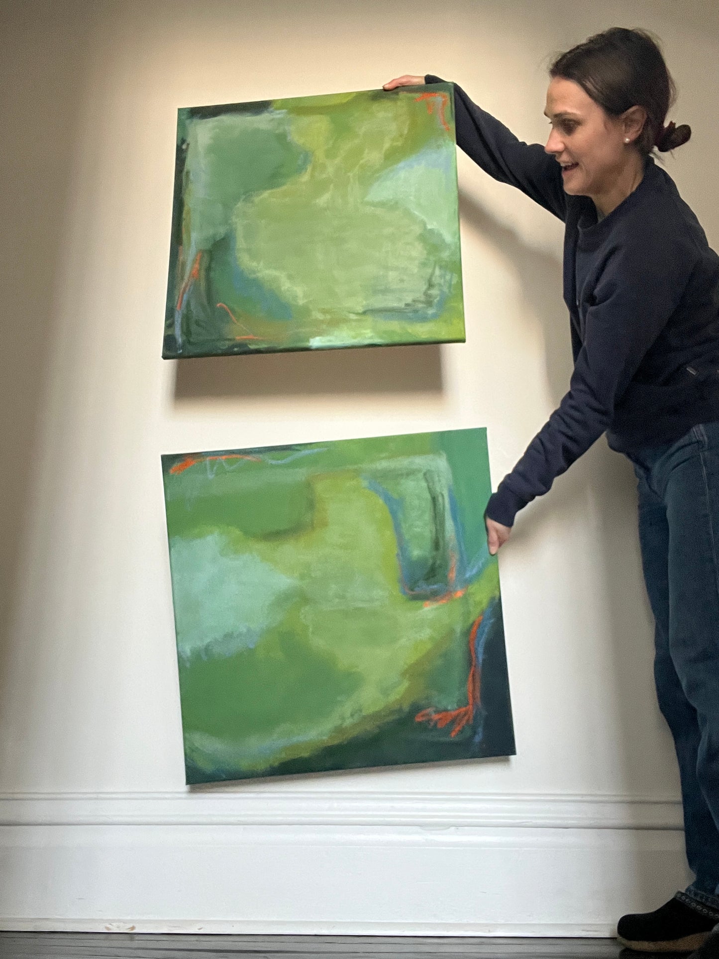 24" x 24" Green Abstract | Acrylic and Oil Stick on Stretched Canvas | "Moss-Covered Rock II"