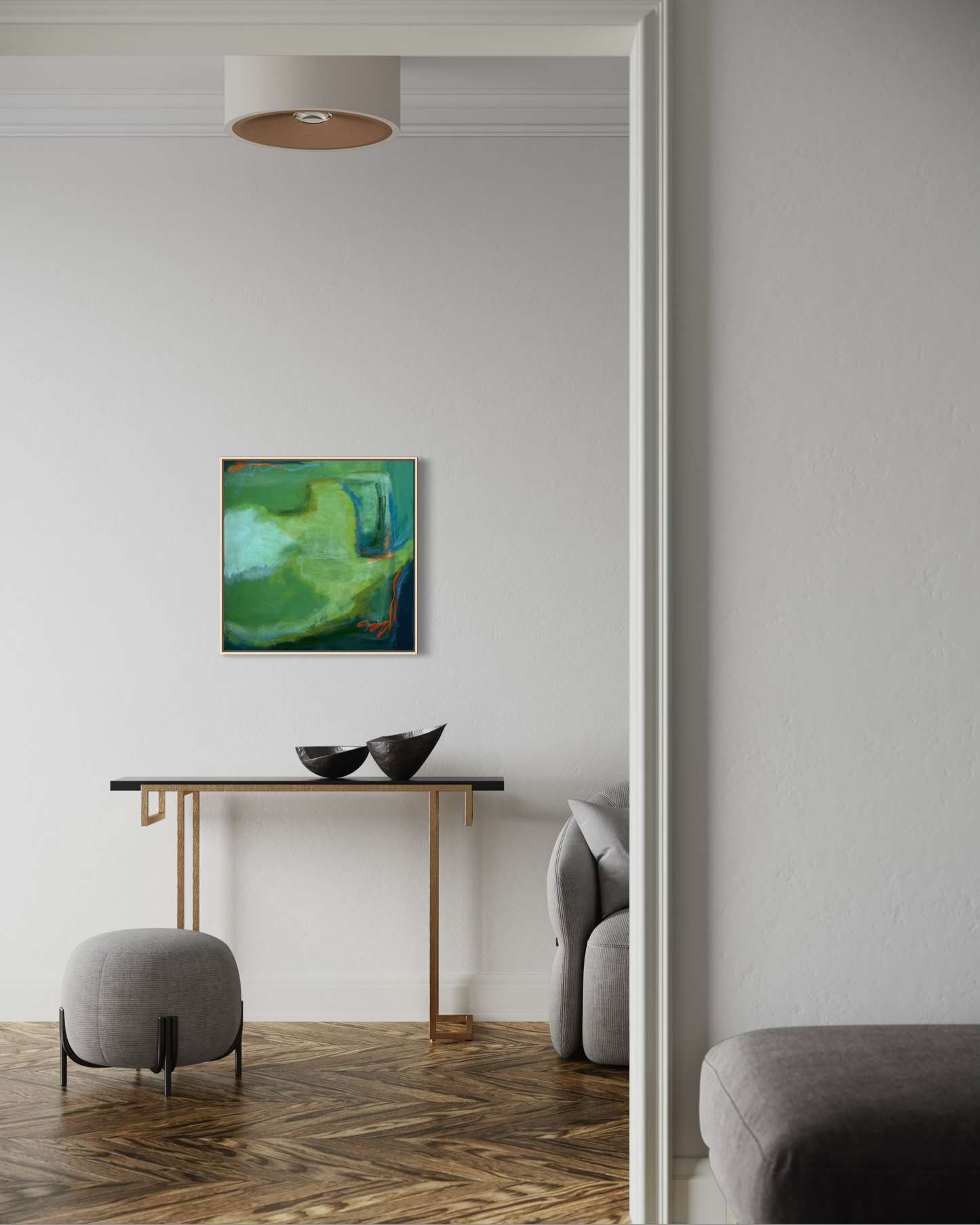 24" x 24" Green Abstract | Acrylic and Oil Stick on Stretched Canvas | "Moss-Covered Rock II"