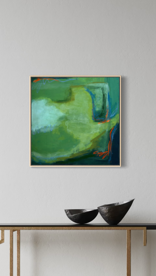 24" x 24" Green Abstract | Acrylic and Oil Stick on Stretched Canvas | "Moss-Covered Rock II"