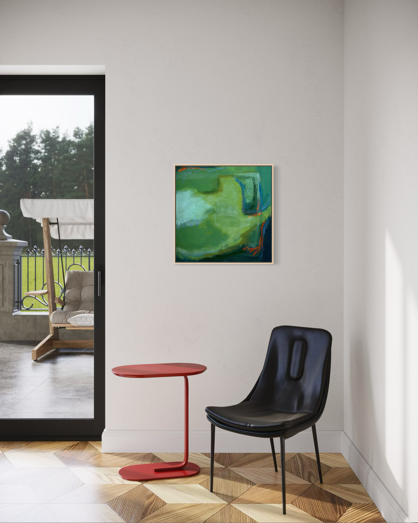 24" x 24" Green Abstract | Acrylic and Oil Stick on Stretched Canvas | "Moss-Covered Rock II"