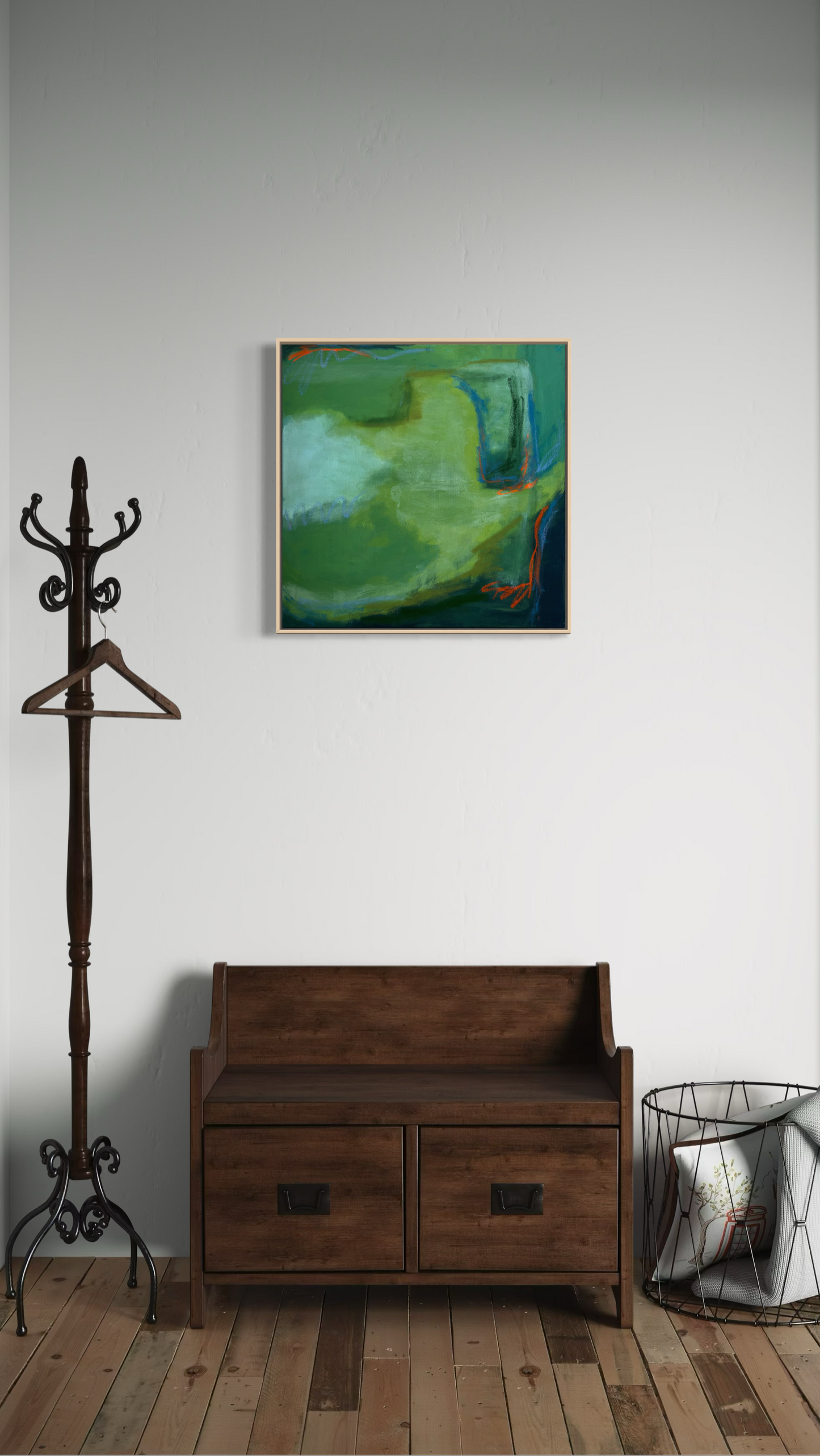 24" x 24" Green Abstract | Acrylic and Oil Stick on Stretched Canvas | "Moss-Covered Rock II"