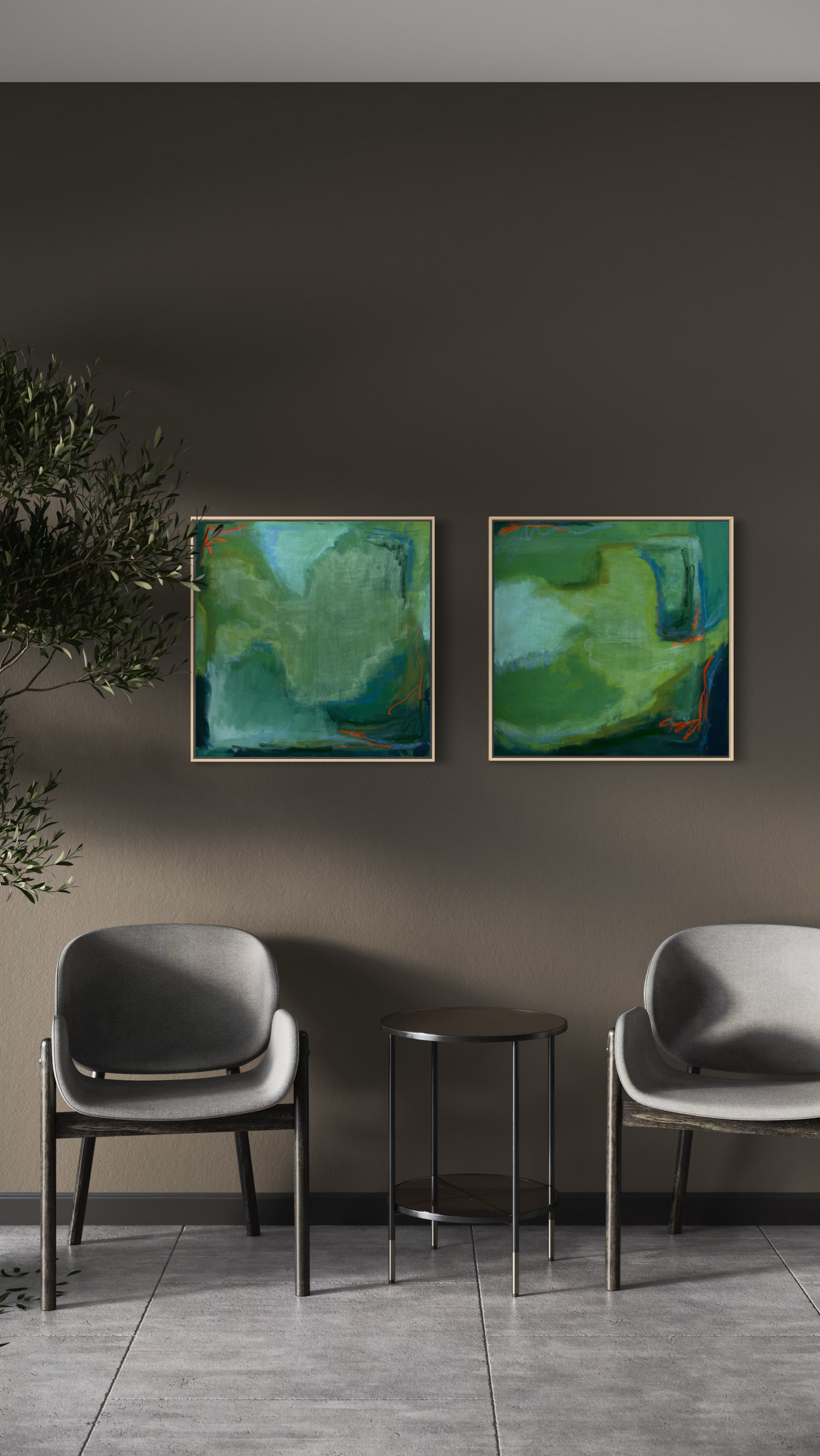 24" x 24" Green Abstract | Acrylic and Oil Stick on Stretched Canvas | "Moss-Covered Rock II"