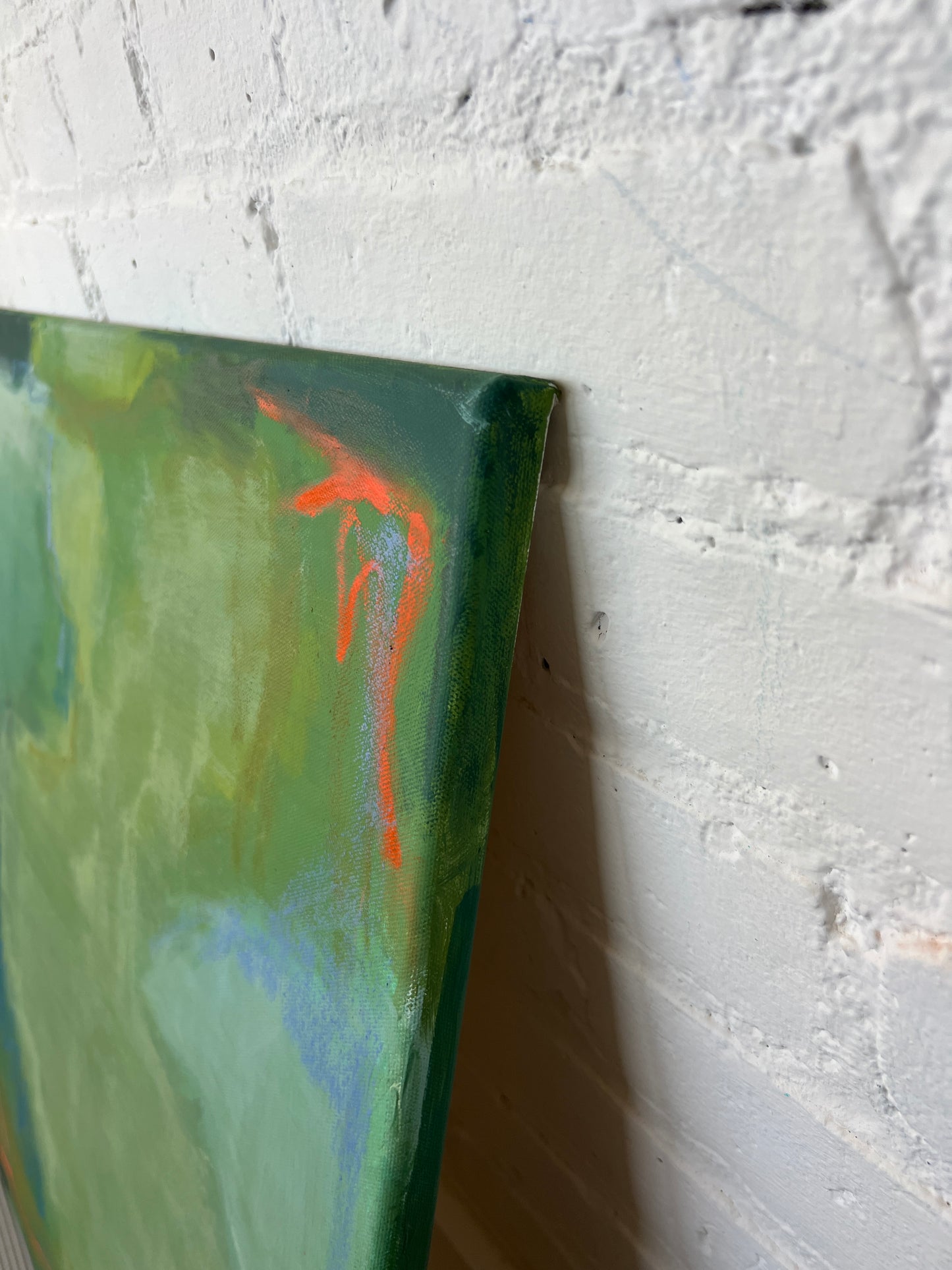 24" x 24" Green Abstract | Acrylic and Oil Stick on Stretched Canvas | "Moss-Covered Rock I"